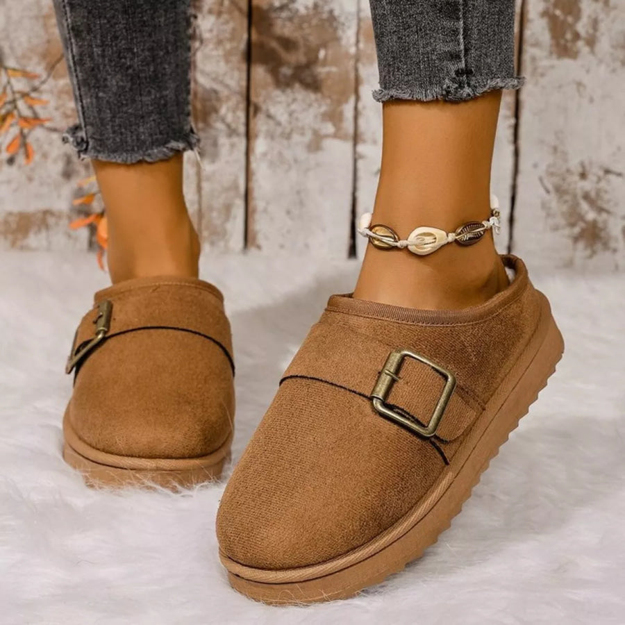 Buckle Decor Plush Lined Warm Slippers Apparel and Accessories