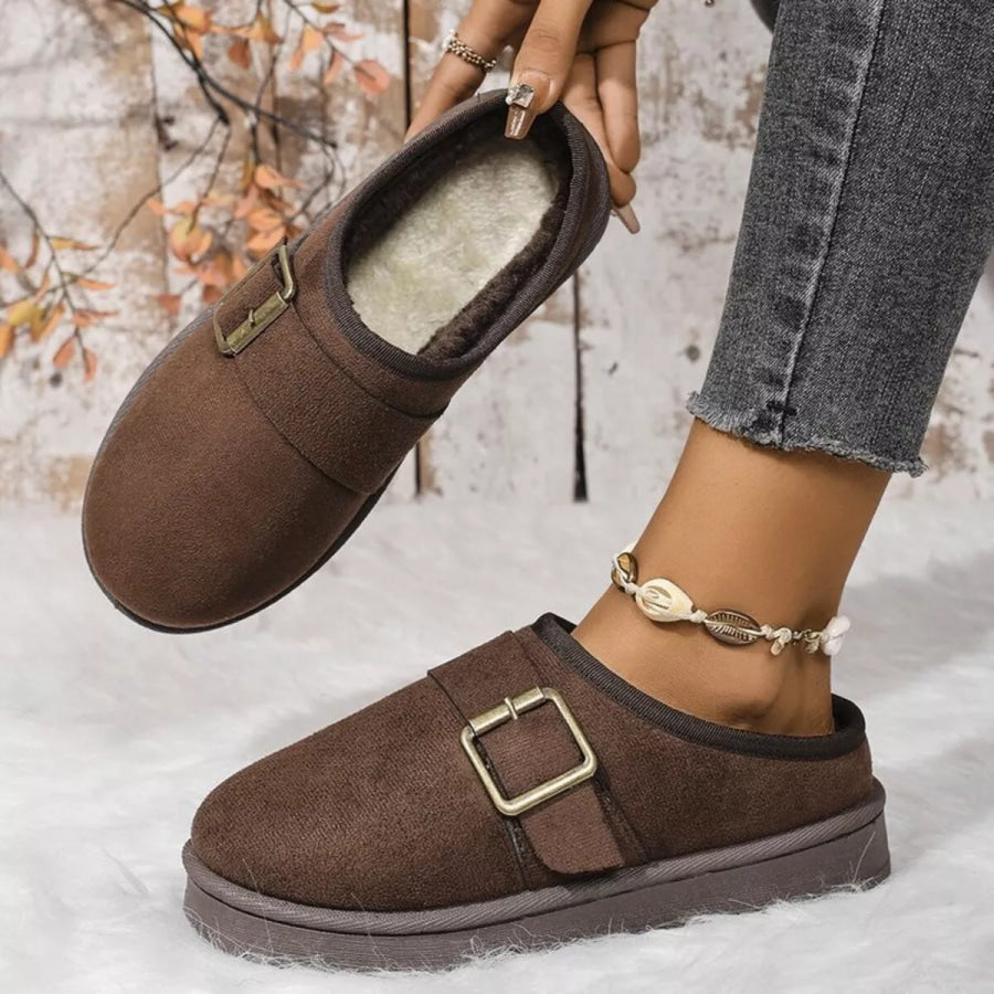 Buckle Decor Plush Lined Warm Slippers Apparel and Accessories