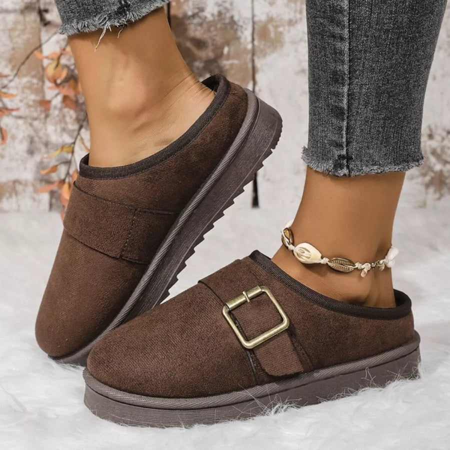 Buckle Decor Plush Lined Warm Slippers Apparel and Accessories