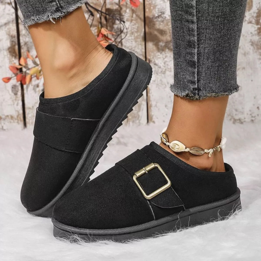 Buckle Decor Plush Lined Warm Slippers Apparel and Accessories