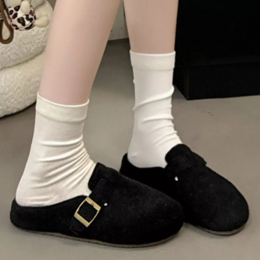 Buckle Decor Round Toe Slippers Black / 35 Apparel and Accessories
