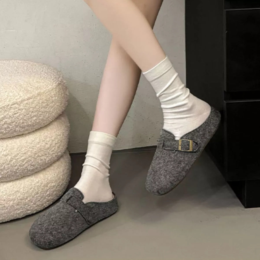 Buckle Decor Round Toe Slippers Brown / 35 Apparel and Accessories