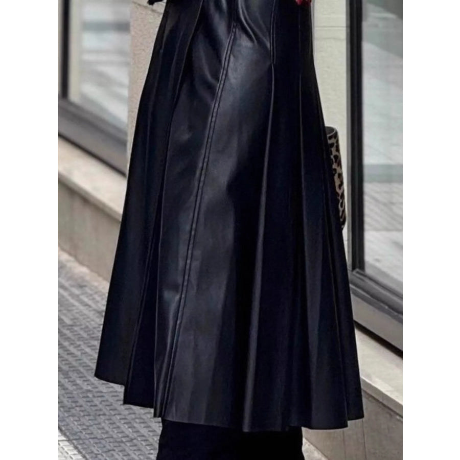 Buckle Detail Faux Leather Midi Skirt Apparel and Accessories