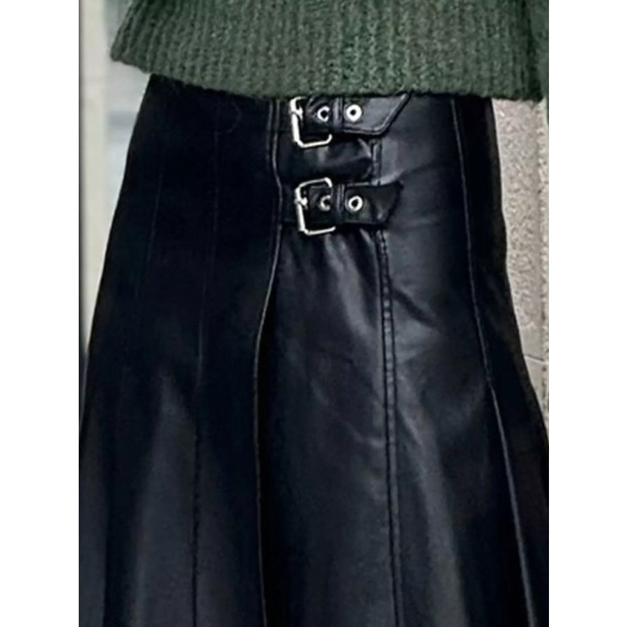 Buckle Detail Faux Leather Midi Skirt Apparel and Accessories