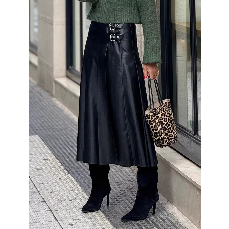 Buckle Detail Faux Leather Midi Skirt Black / S Apparel and Accessories