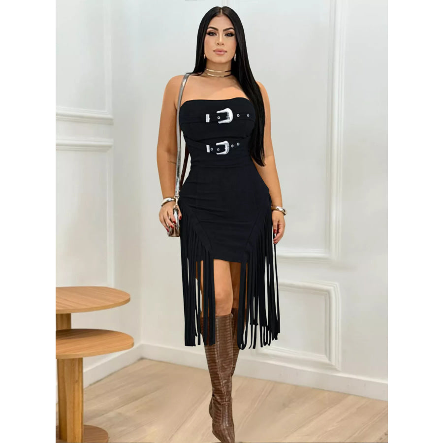 Buckle Detail Fringe Hem Bodycon Dress Black / S Apparel and Accessories