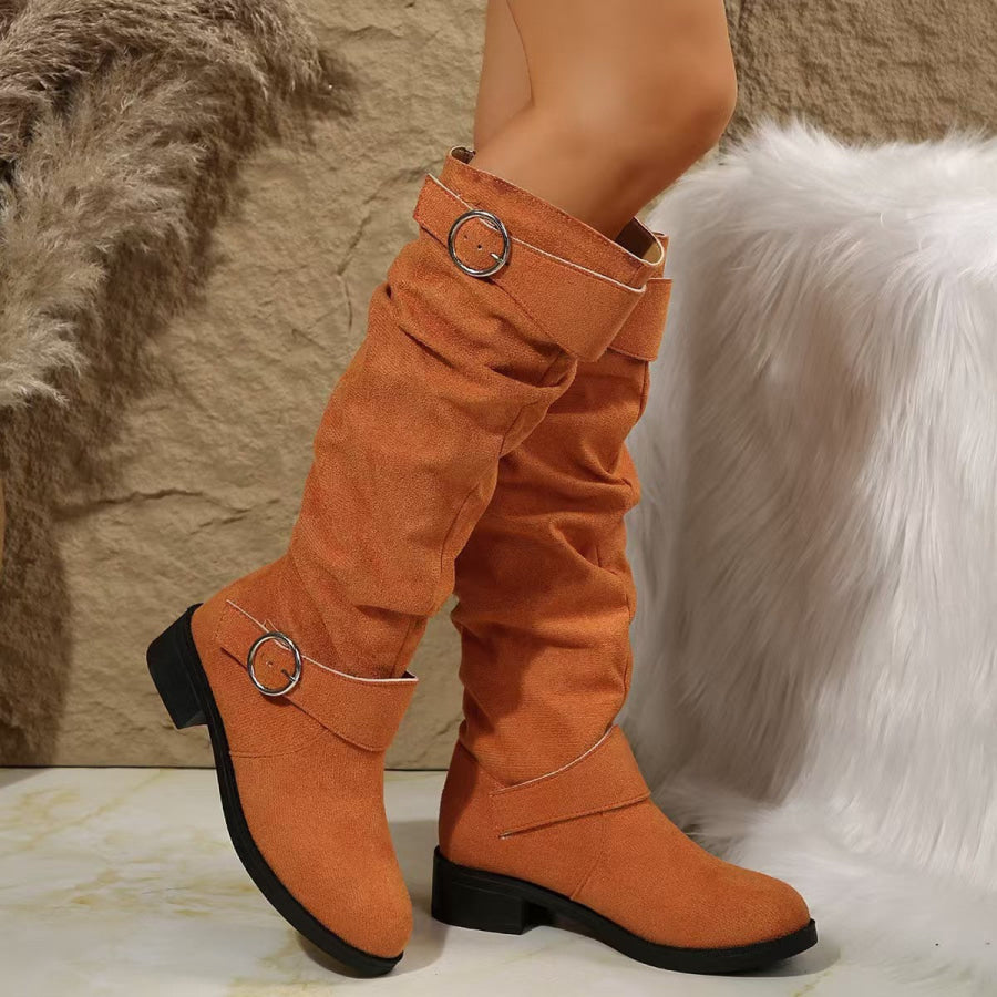 Buckle Round Toe Block Heel Boots Apparel and Accessories