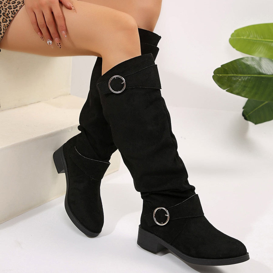 Buckle Round Toe Block Heel Boots Apparel and Accessories