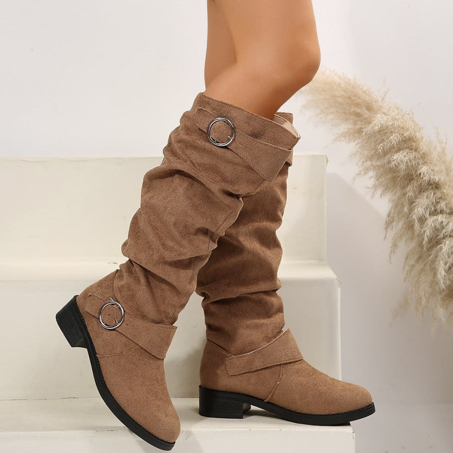 Buckle Round Toe Block Heel Boots Apparel and Accessories