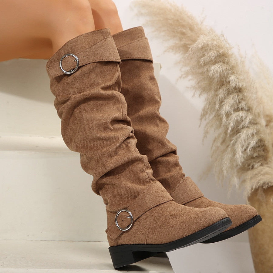 Buckle Round Toe Block Heel Boots Apparel and Accessories