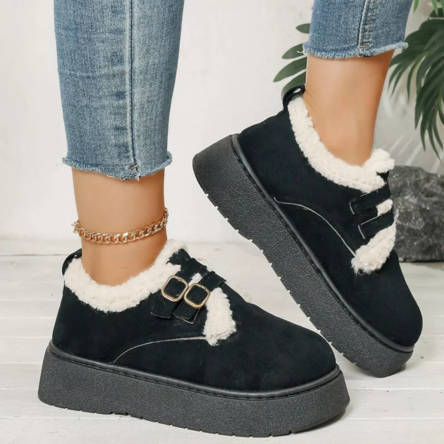 Buckle Strap Faux Fur Trim Platform Boots Black / 36 Apparel and Accessories
