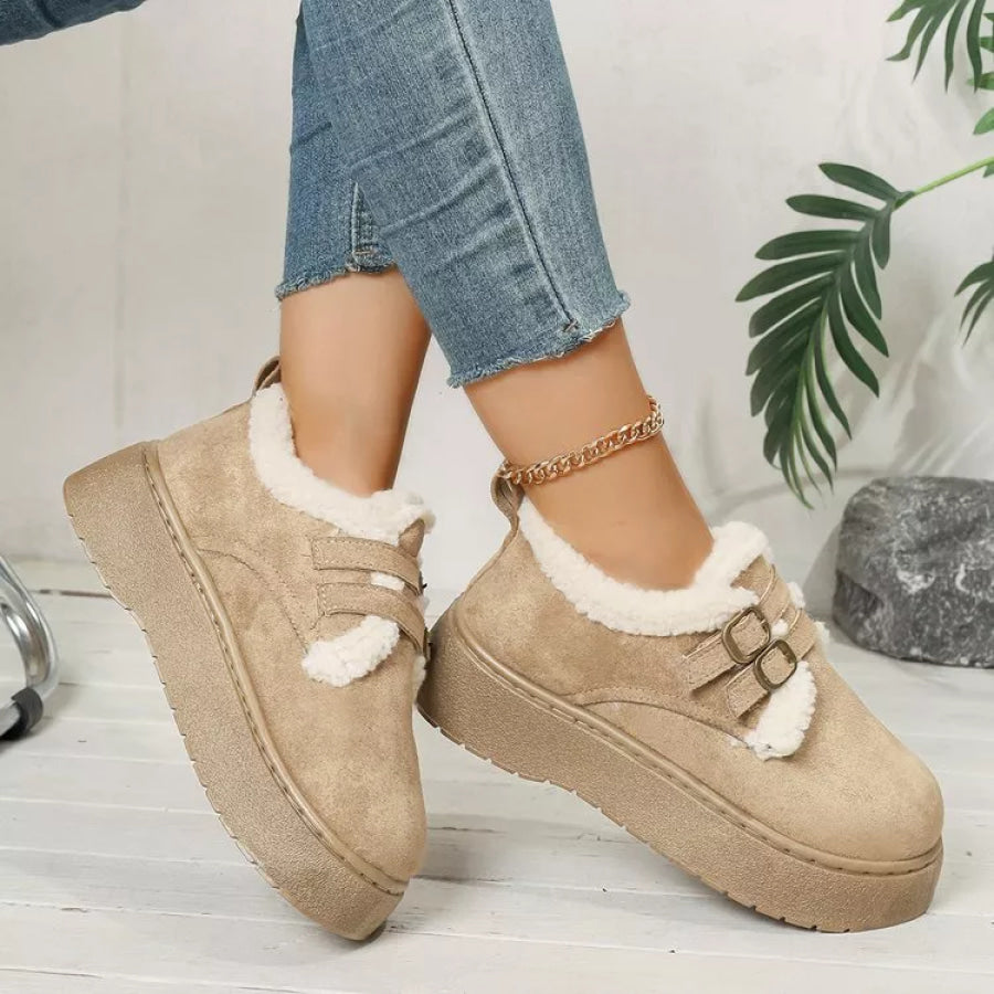 Buckle Strap Faux Fur Trim Platform Boots Apparel and Accessories