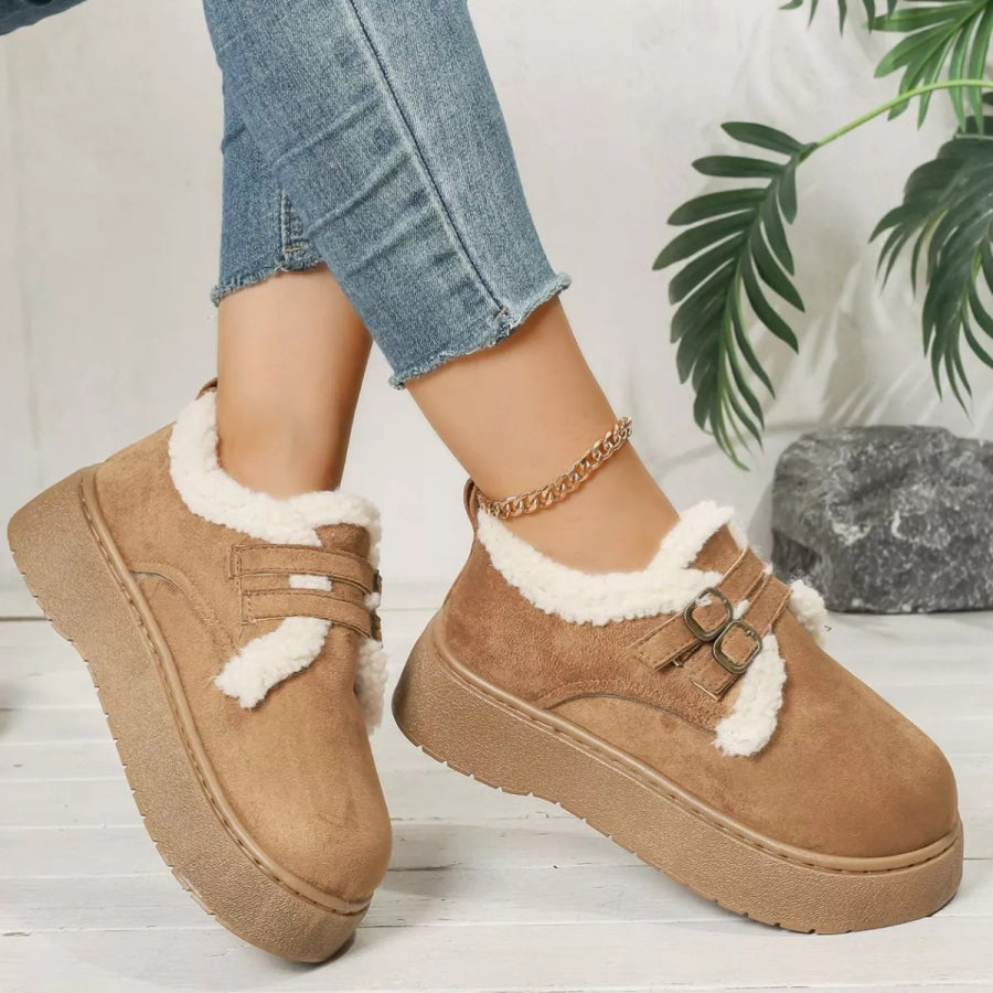 Buckle Strap Faux Fur Trim Platform Boots Apparel and Accessories