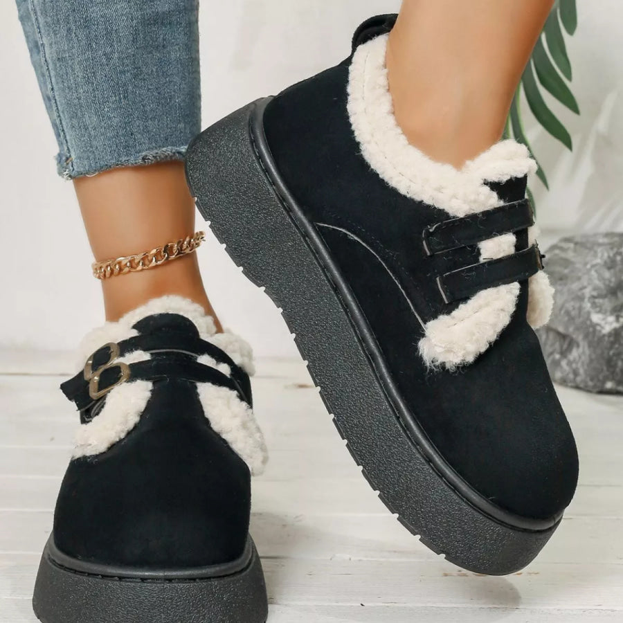 Buckle Strap Faux Fur Trim Platform Boots Apparel and Accessories