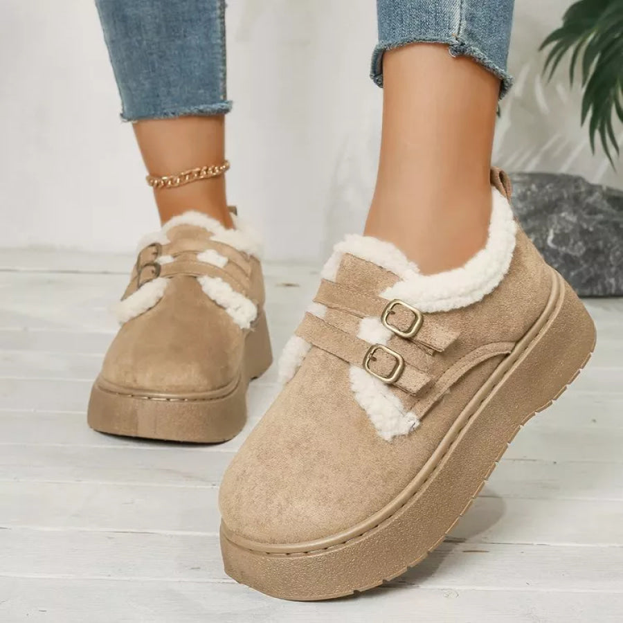 Buckle Strap Faux Fur Trim Platform Boots Apparel and Accessories