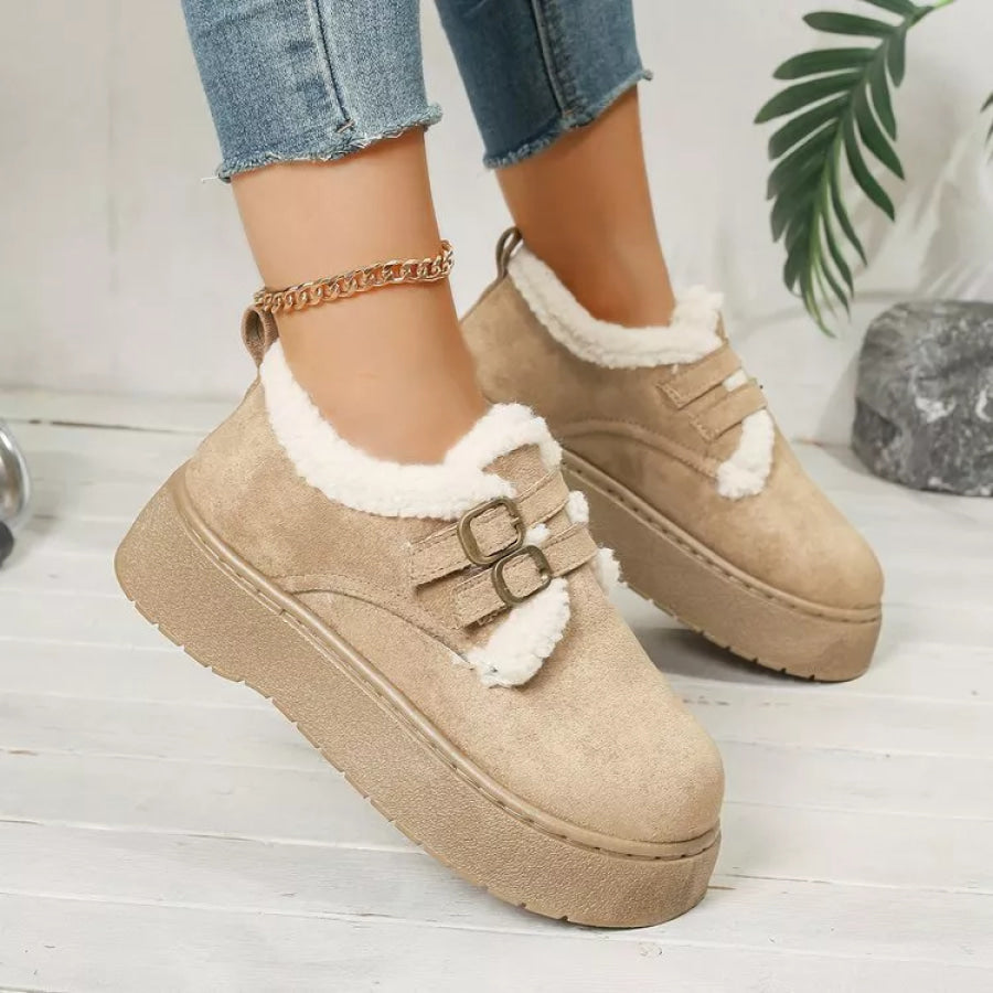 Buckle Strap Faux Fur Trim Platform Boots Apparel and Accessories