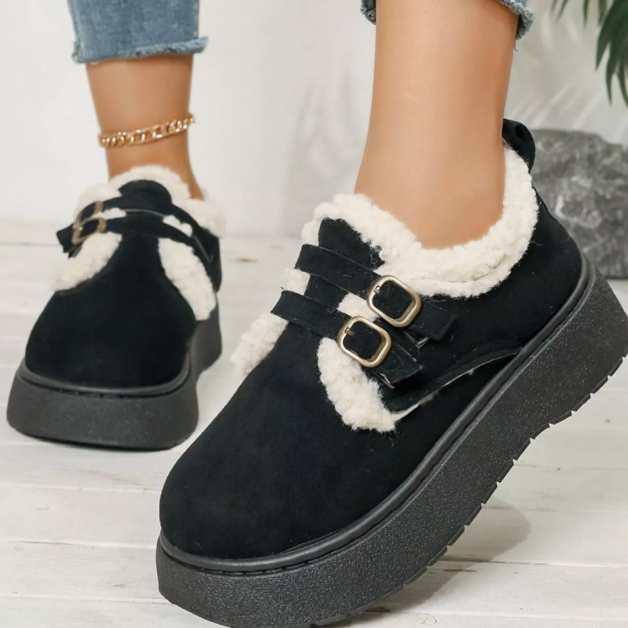 Buckle Strap Faux Fur Trim Platform Boots Black / 36 Apparel and Accessories