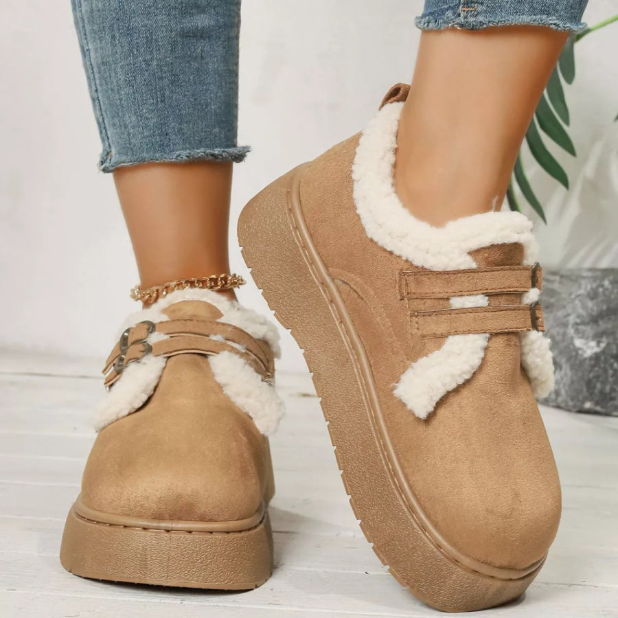 Buckle Strap Faux Fur Trim Platform Boots Camel / 36 Apparel and Accessories