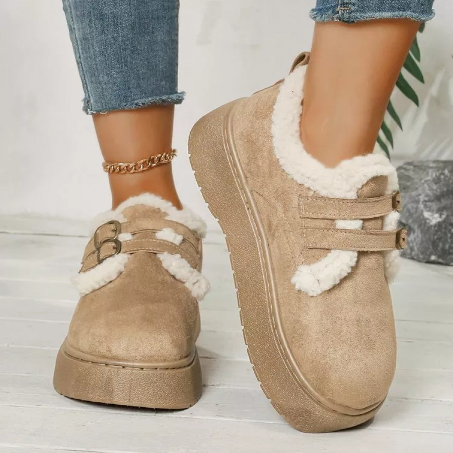 Buckle Strap Faux Fur Trim Platform Boots Khaki / 36 Apparel and Accessories