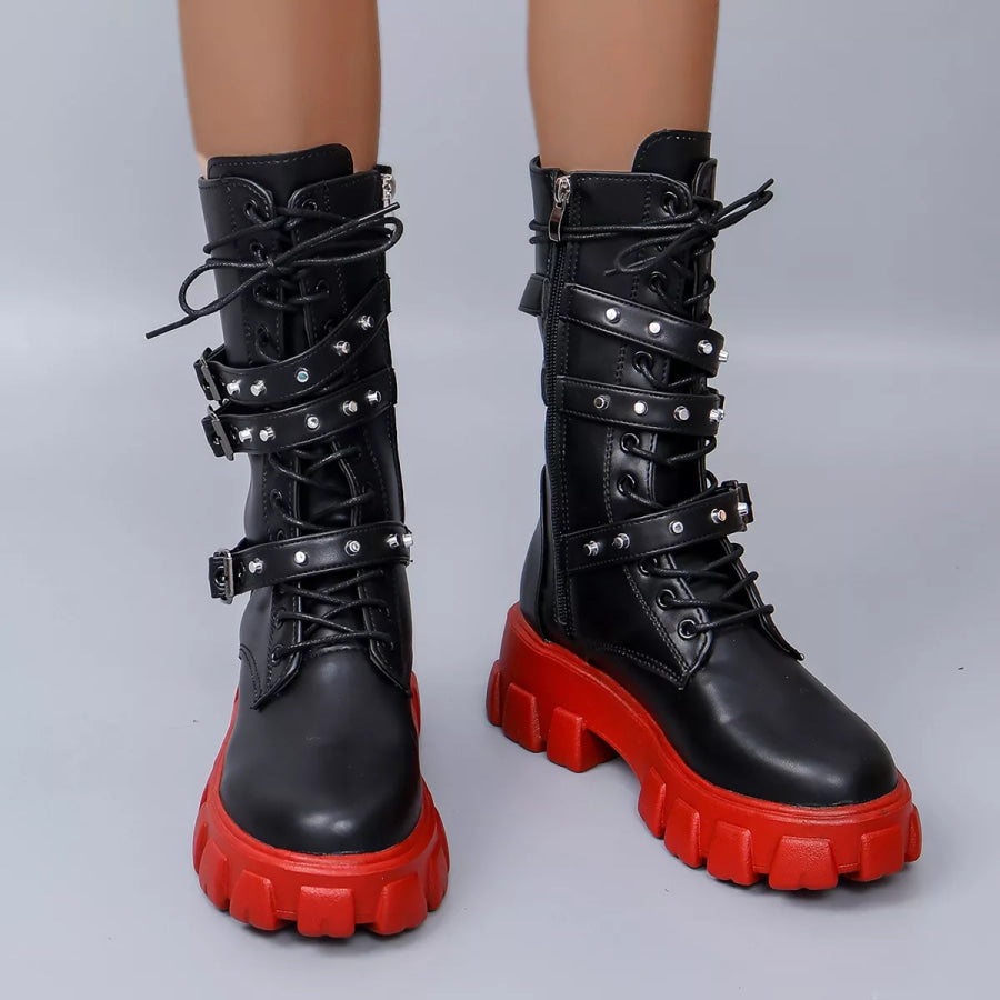 Buckled Lace-Up Combat Boots Apparel and Accessories