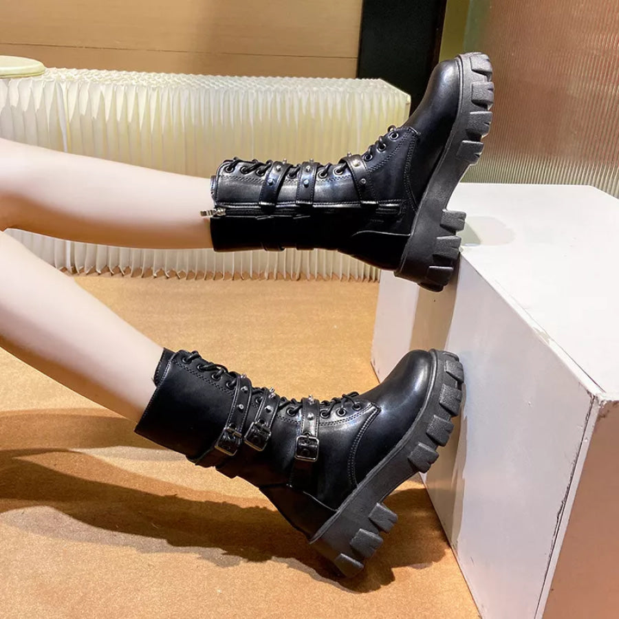 Buckled Lace-Up Combat Boots Apparel and Accessories