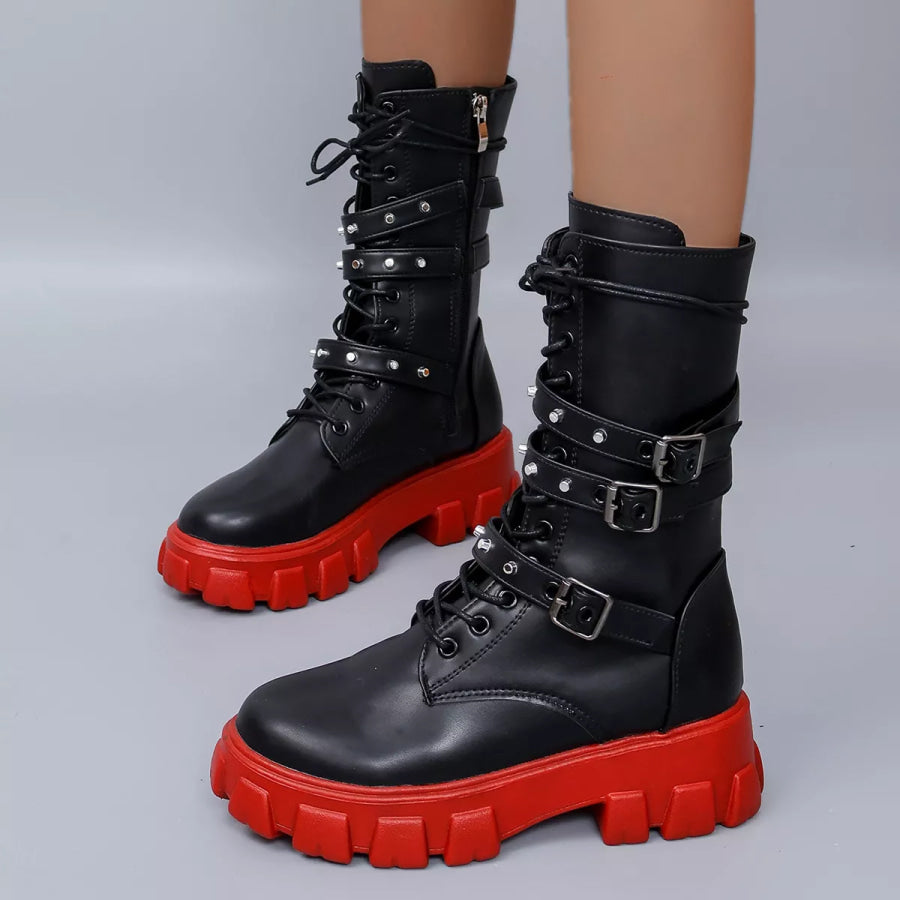 Buckled Lace-Up Combat Boots Apparel and Accessories