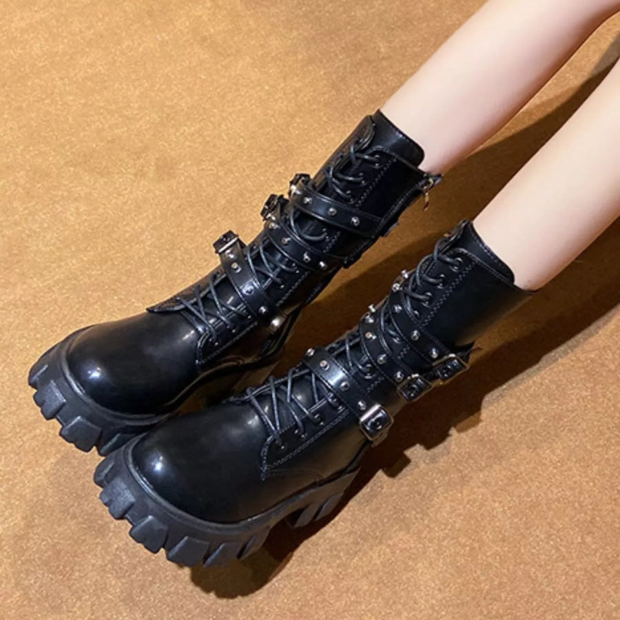 Buckled Lace-Up Combat Boots Apparel and Accessories