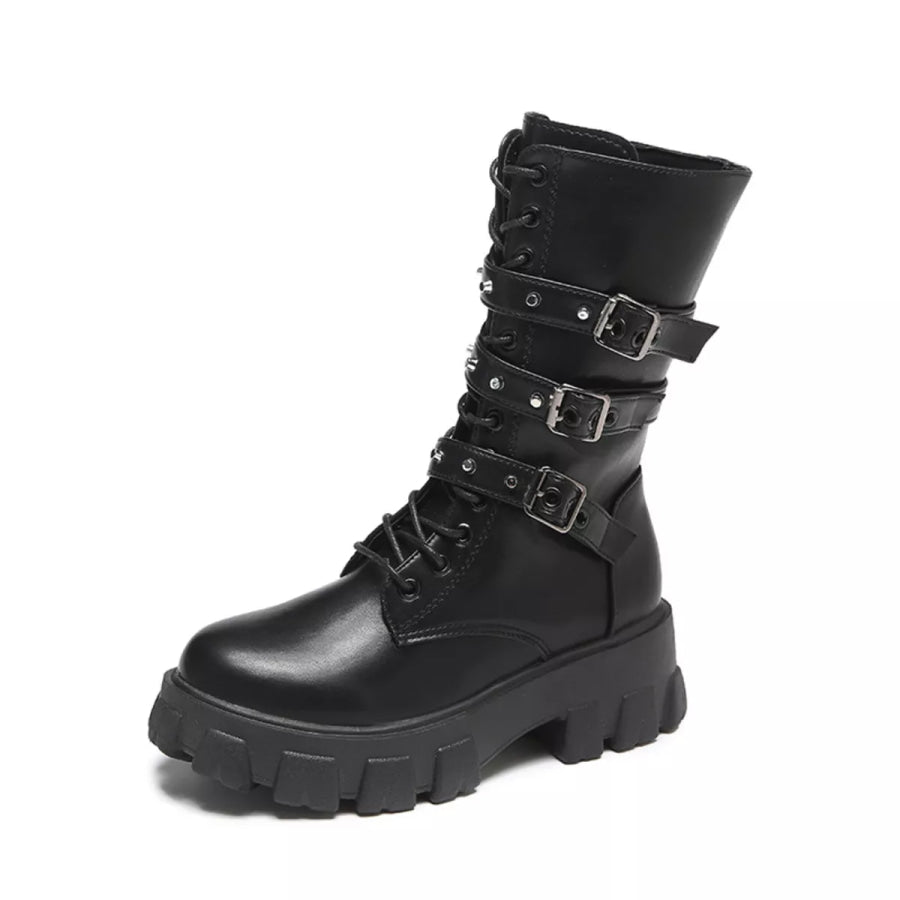 Buckled Lace-Up Combat Boots Apparel and Accessories