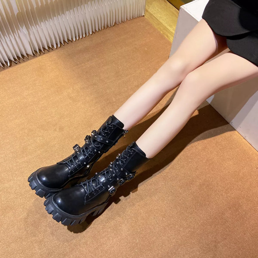 Buckled Lace-Up Combat Boots Black / 35 Apparel and Accessories