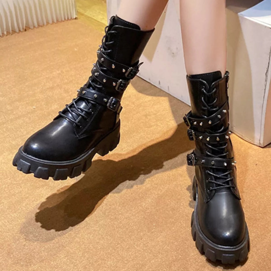 Buckled Lace-Up Combat Boots Black / 35 Apparel and Accessories