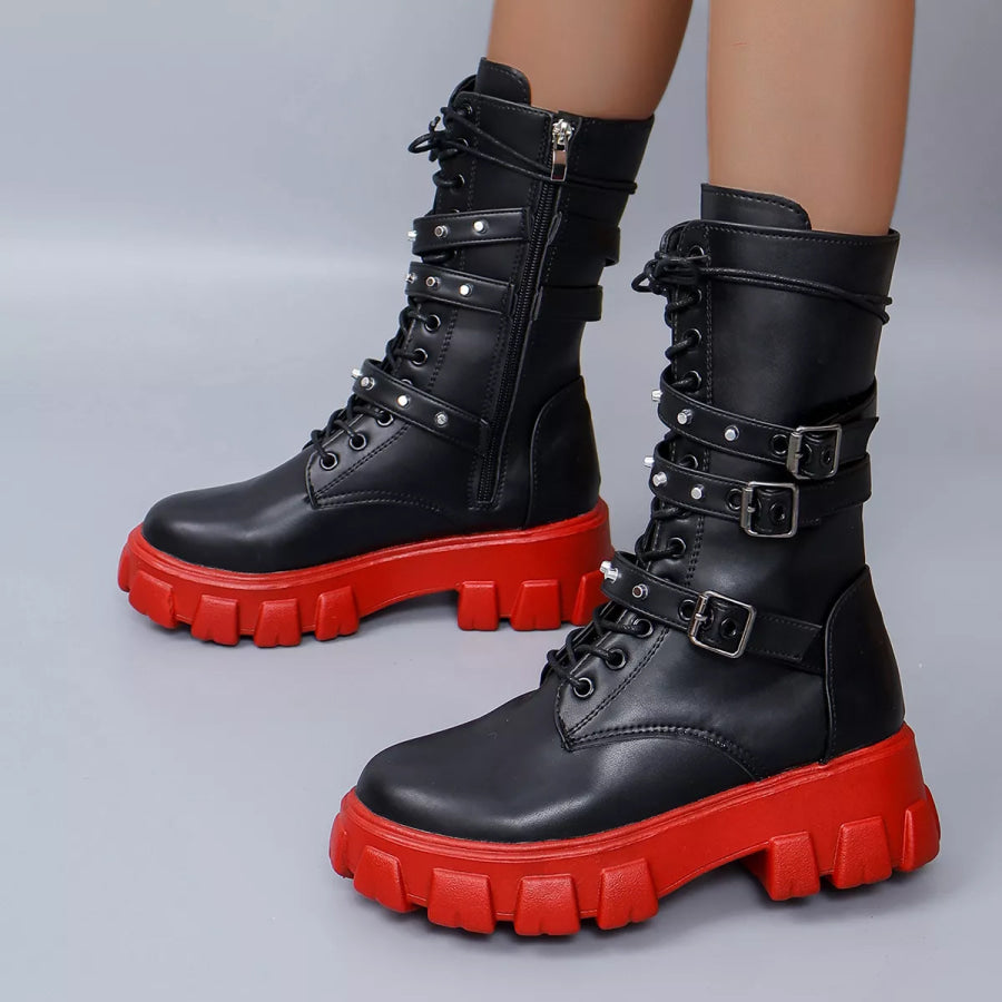 Buckled Lace-Up Combat Boots Red / 35 Apparel and Accessories
