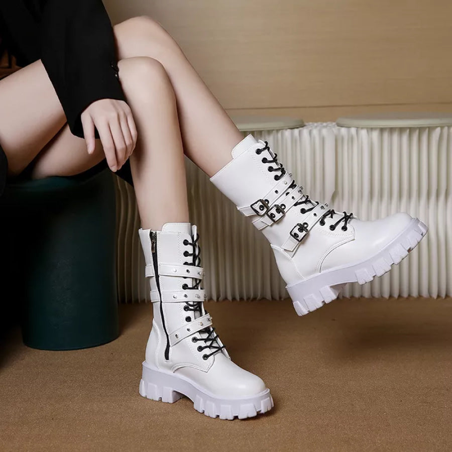 Buckled Lace-Up Combat Boots White / 35 Apparel and Accessories