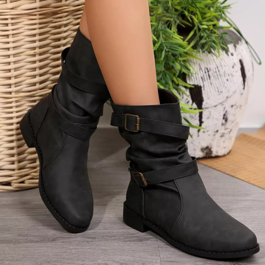 Buckled Low Heel Boots Black / 36 Apparel and Accessories
