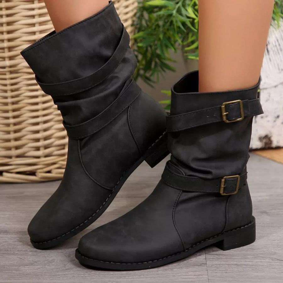 Buckled Low Heel Boots Black / 36 Apparel and Accessories
