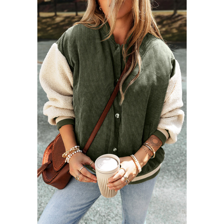 Buckskin Corduroy Fleece Patchwork Buttoned Bomber Jacket Mist Green / S / 100% Polyester Sale (50% OFF)/Sale (50% OFF)