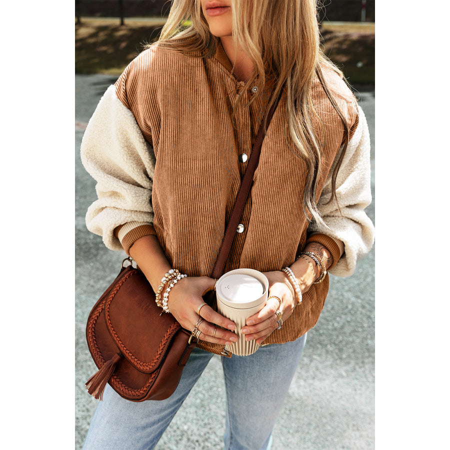 Buckskin Corduroy Fleece Patchwork Buttoned Bomber Jacket Buckskin / S / 100% Polyester Sale (50% OFF)/Sale (50% OFF)