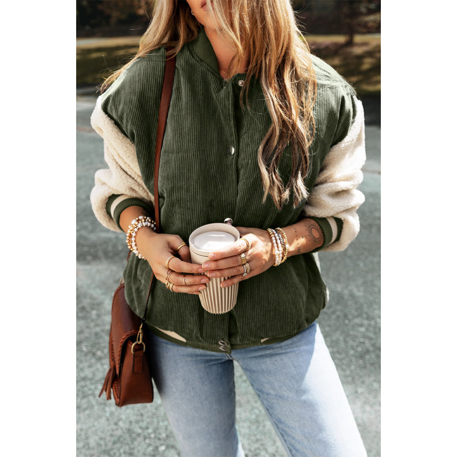Buckskin Corduroy Fleece Patchwork Buttoned Bomber Jacket Sale (50% OFF)/Sale (50% OFF)