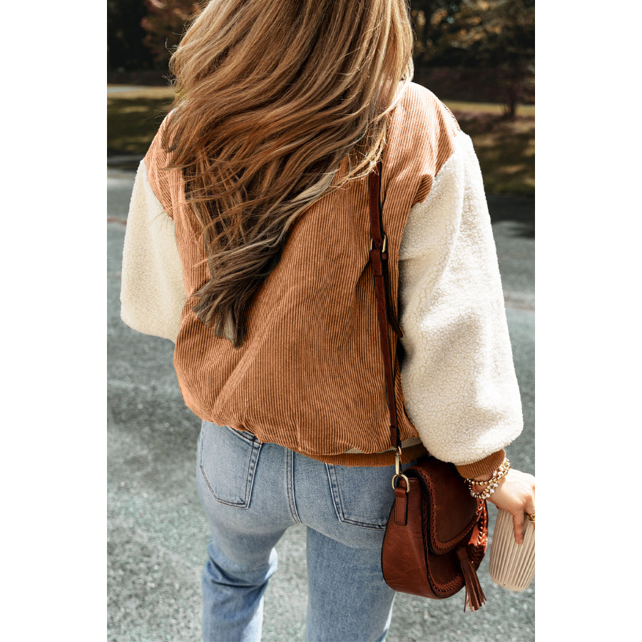 Buckskin Corduroy Fleece Patchwork Buttoned Bomber Jacket Sale (50% OFF)/Sale (50% OFF)