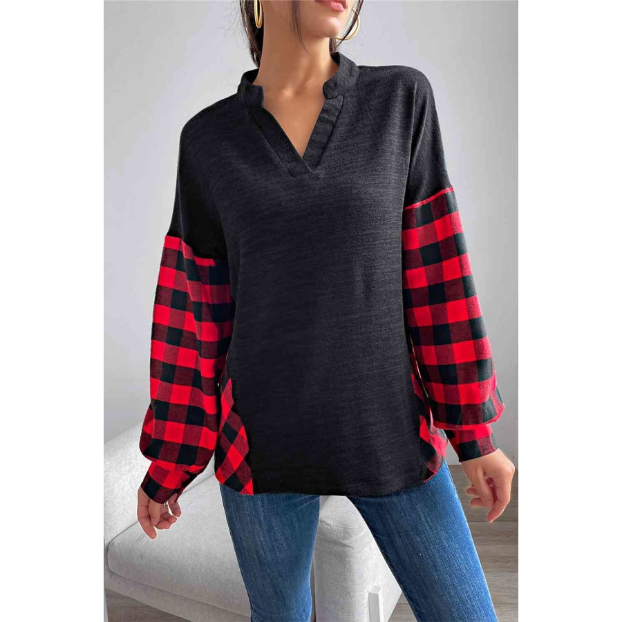 Buffalo Plaid Color Block Balloon Sleeve Top Black / L