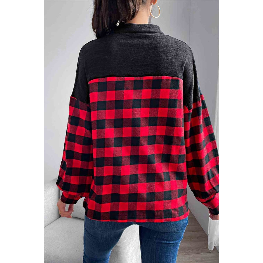 Buffalo Plaid Color Block Balloon Sleeve Top