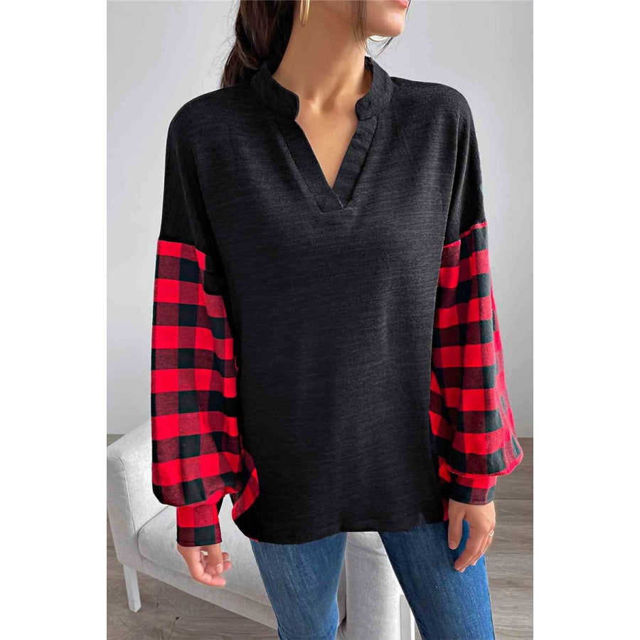 Buffalo Plaid Color Block Balloon Sleeve Top