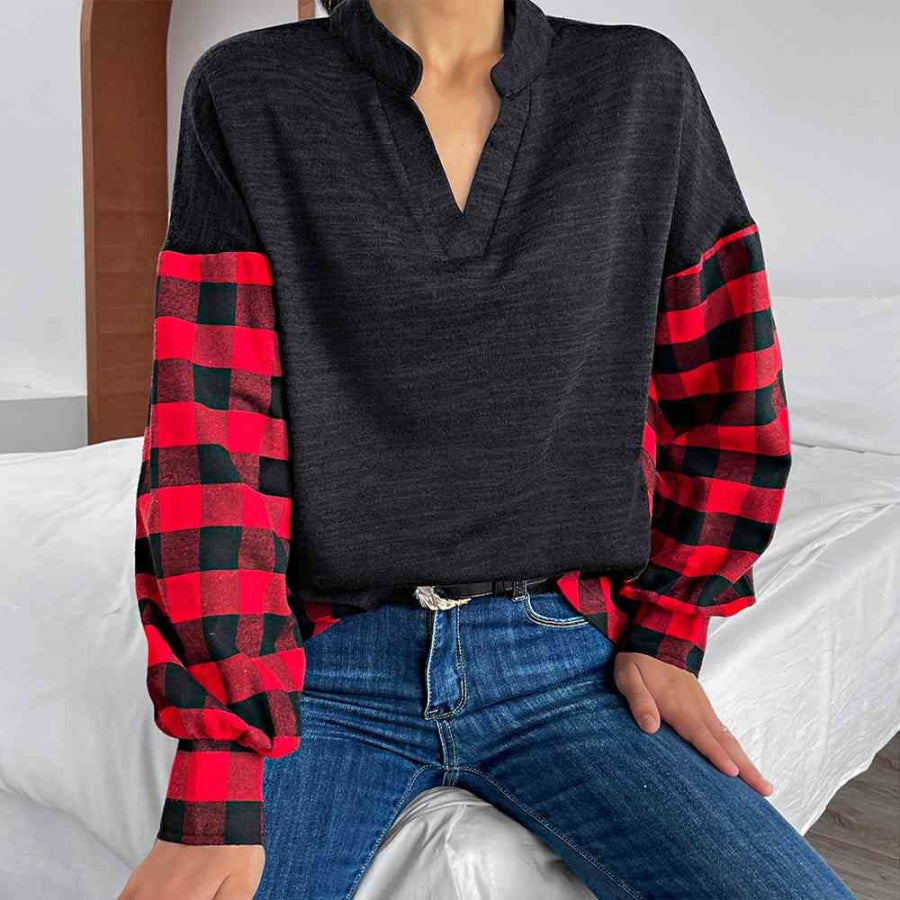 Buffalo Plaid Color Block Balloon Sleeve Top