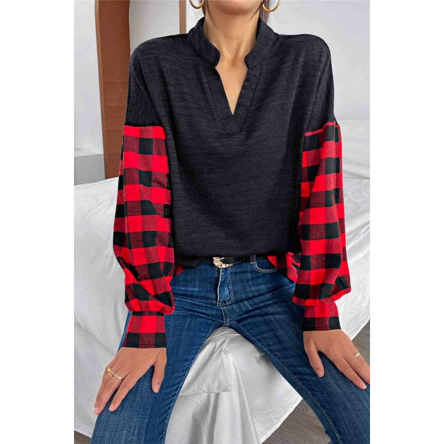 Buffalo Plaid Color Block Balloon Sleeve Top