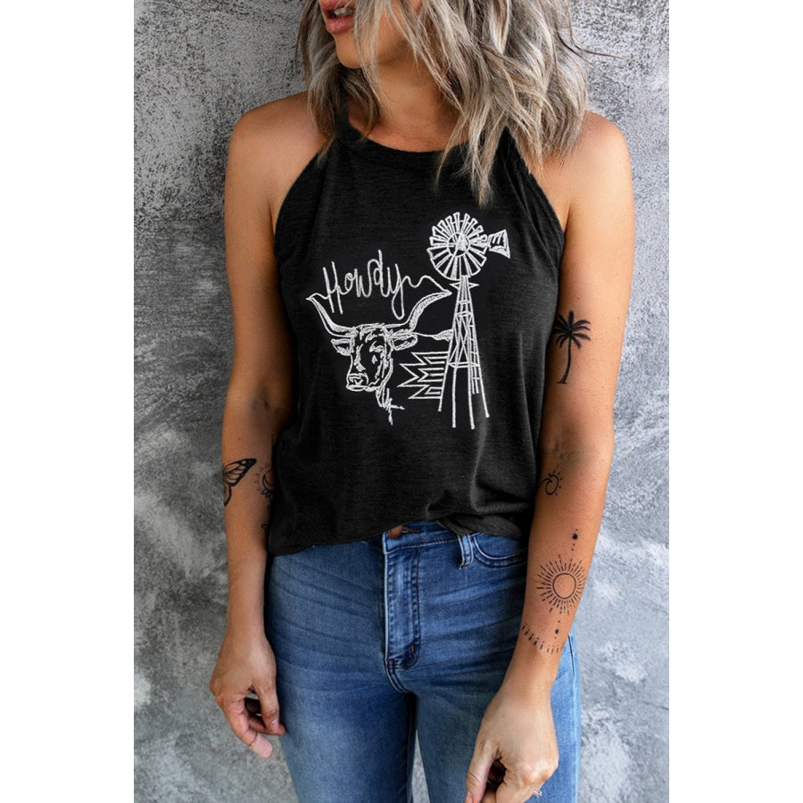 Bull Graphic Round Neck Tank Black / S Apparel and Accessories