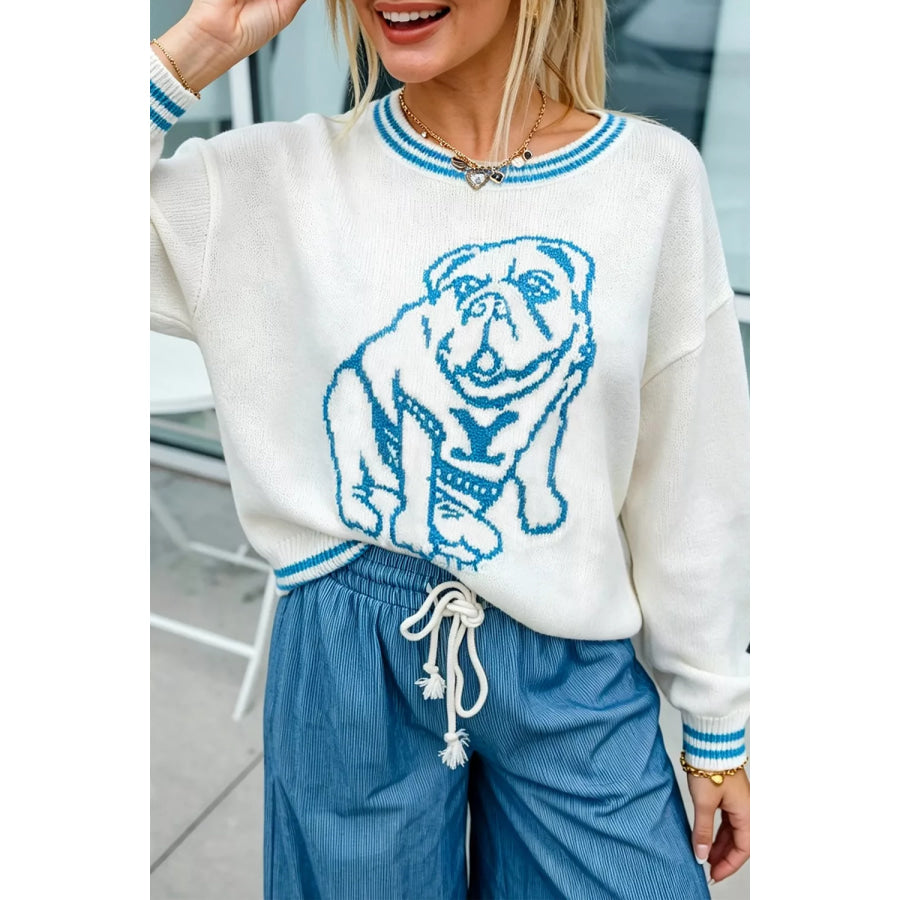 Bulldog Graphic Striped Trim Sweater Light Blue / S Apparel and Accessories
