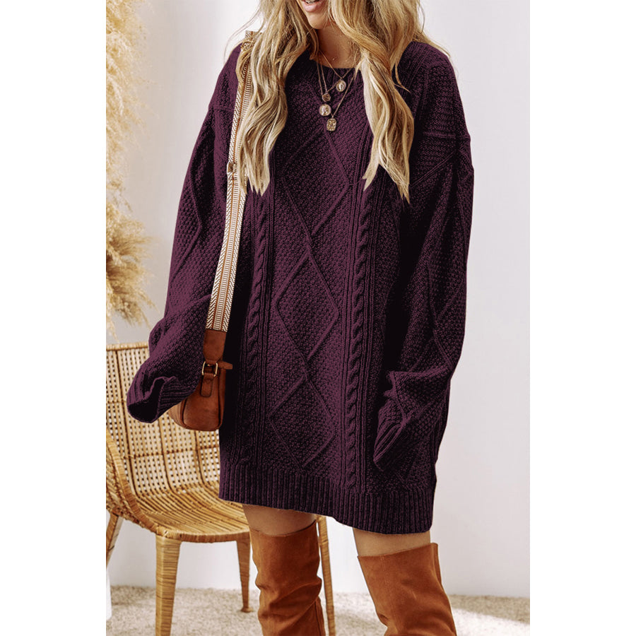 Burgundy Cable Knit Drop Shoulder Loose Fit Sweater Dress Sweaters & Cardigans/Sweater Dresses