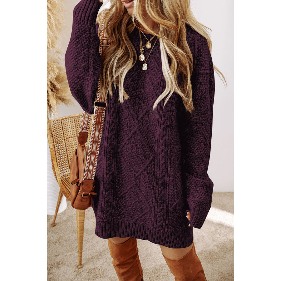 Burgundy Cable Knit Drop Shoulder Loose Fit Sweater Dress Burgundy / XS / 100% Polyester Sweaters & Cardigans/Sweater Dresses