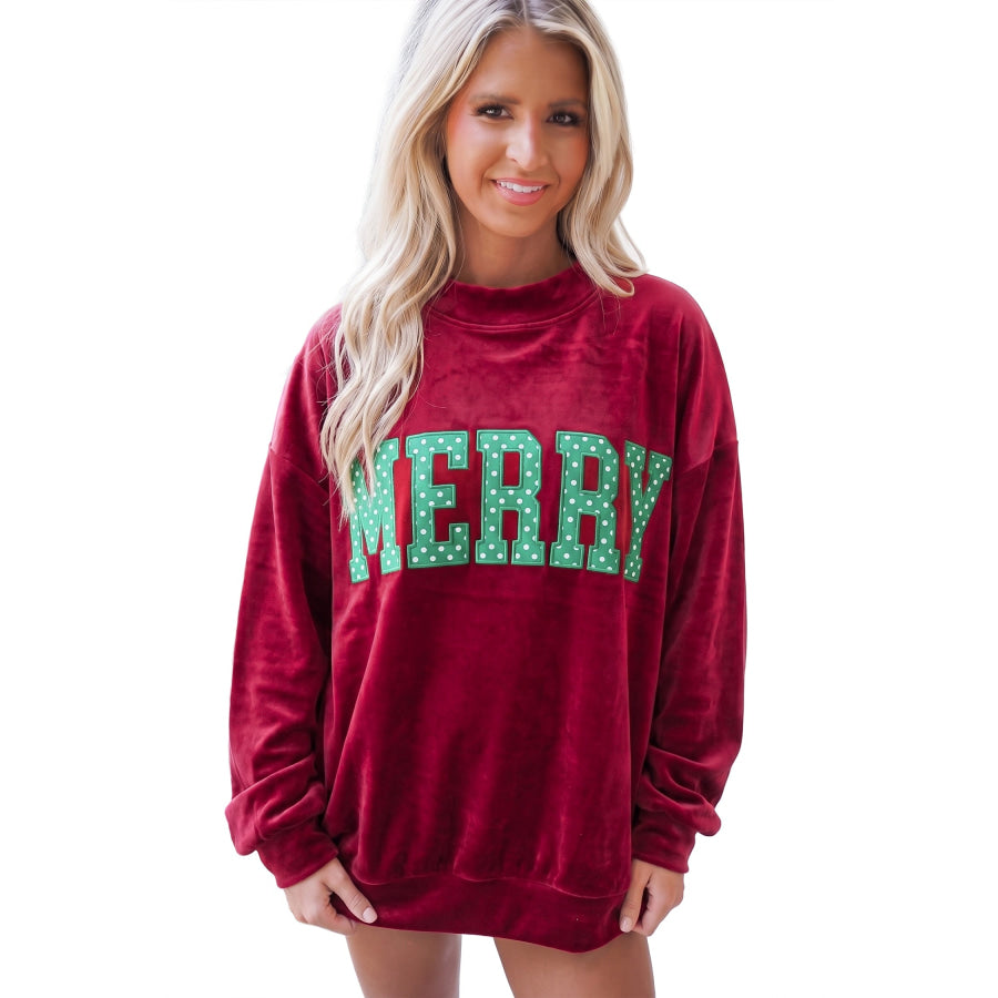 Burgundy Christmas Velvet Graphic Print Long Sleeve Sweatshirt Tops/Sweatshirts & Hoodies