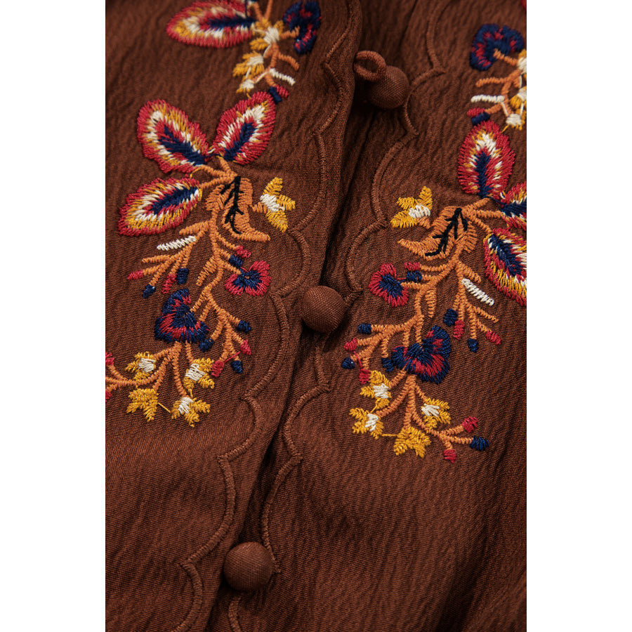 Burgundy Floral Embroidered Tassel Tie Waist Long Sleeve Mini Dress Dresses/Mini Dresses
