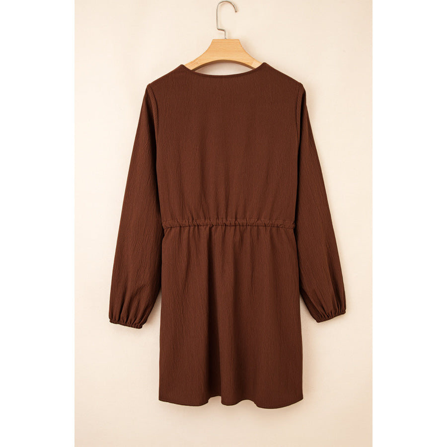 Burgundy Floral Embroidered Tassel Tie Waist Long Sleeve Mini Dress Dresses/Mini Dresses